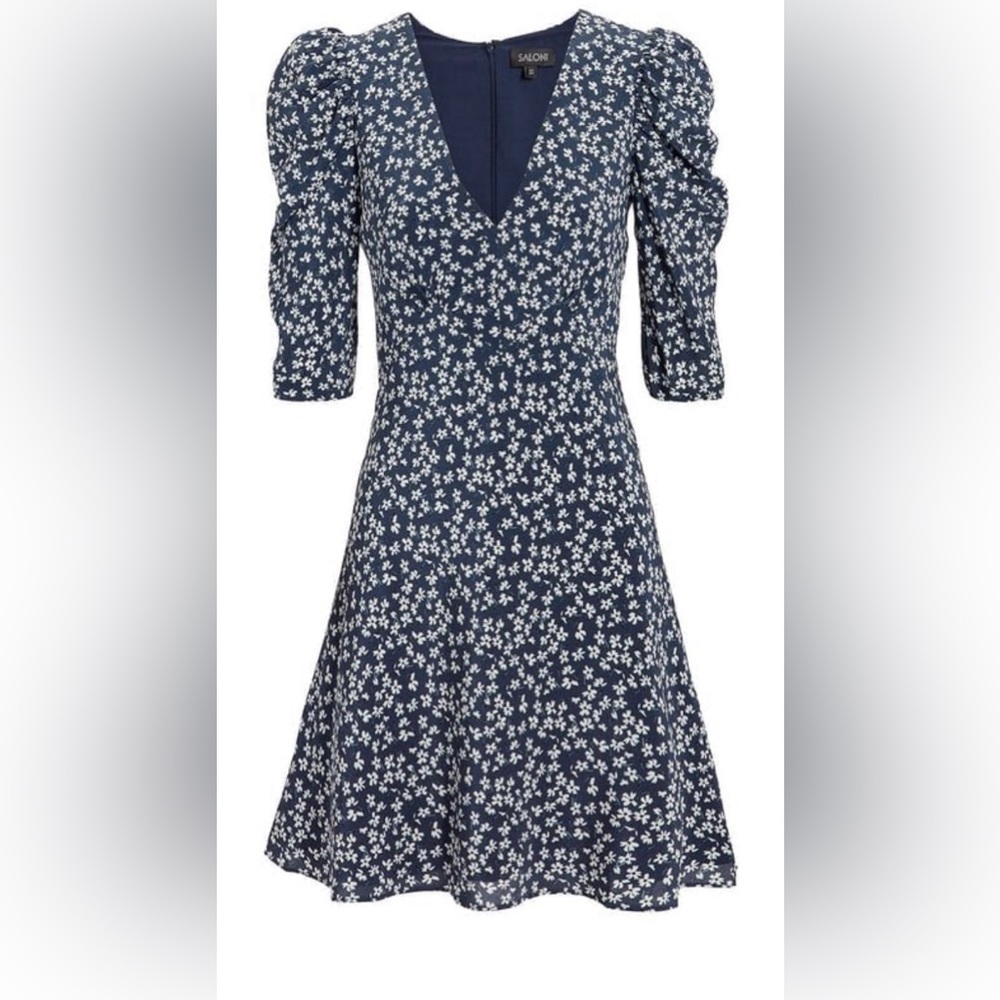 SALONI Navy Floral Puff Elbow Sleeve Silk Skater Minidress